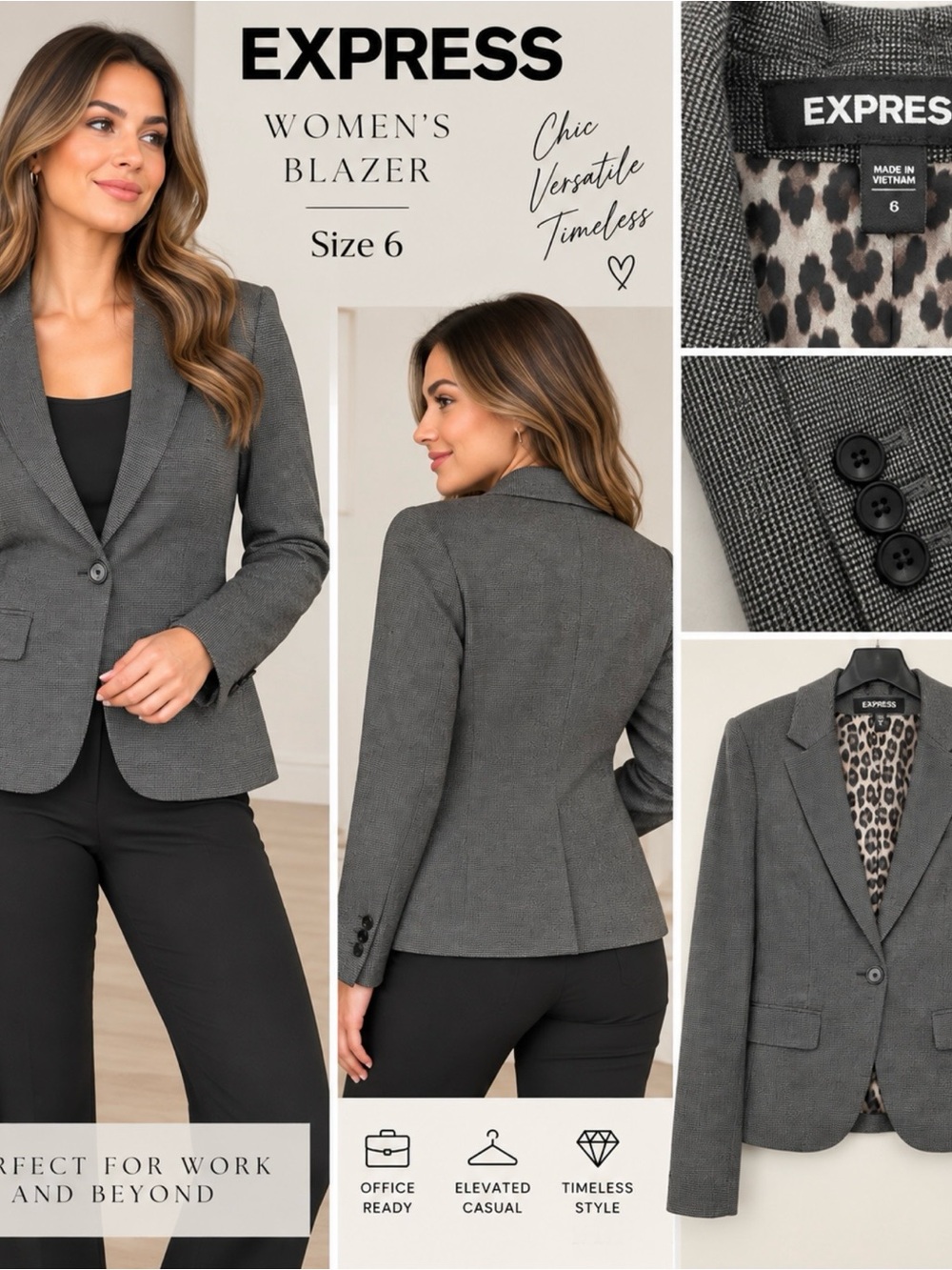 Express Women’s Gray Blazer Size 6 Leopard Print Lining One Button Stretch